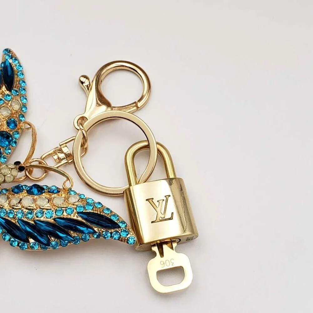 LV Gold Padlock Authentic 🔑 Luxury Bag Charm w/ Unbranded Butterfly Keychain